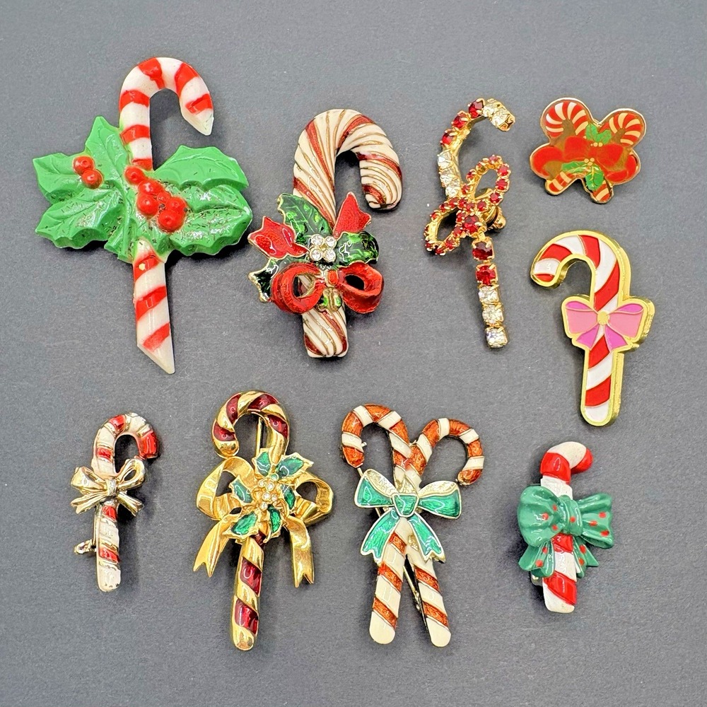 Vintage Christmas Candy Cane Brooches Lot of 9 Holiday Retro Enamel Rhinestones